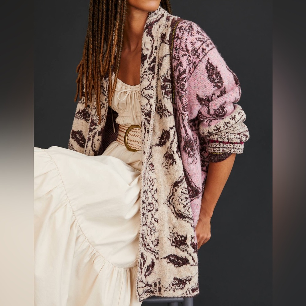 Anthropologie Jacquard Cocoon Cardigan Sweater Pink Cream Floral Bohemian Indie - Picture 5 of 10